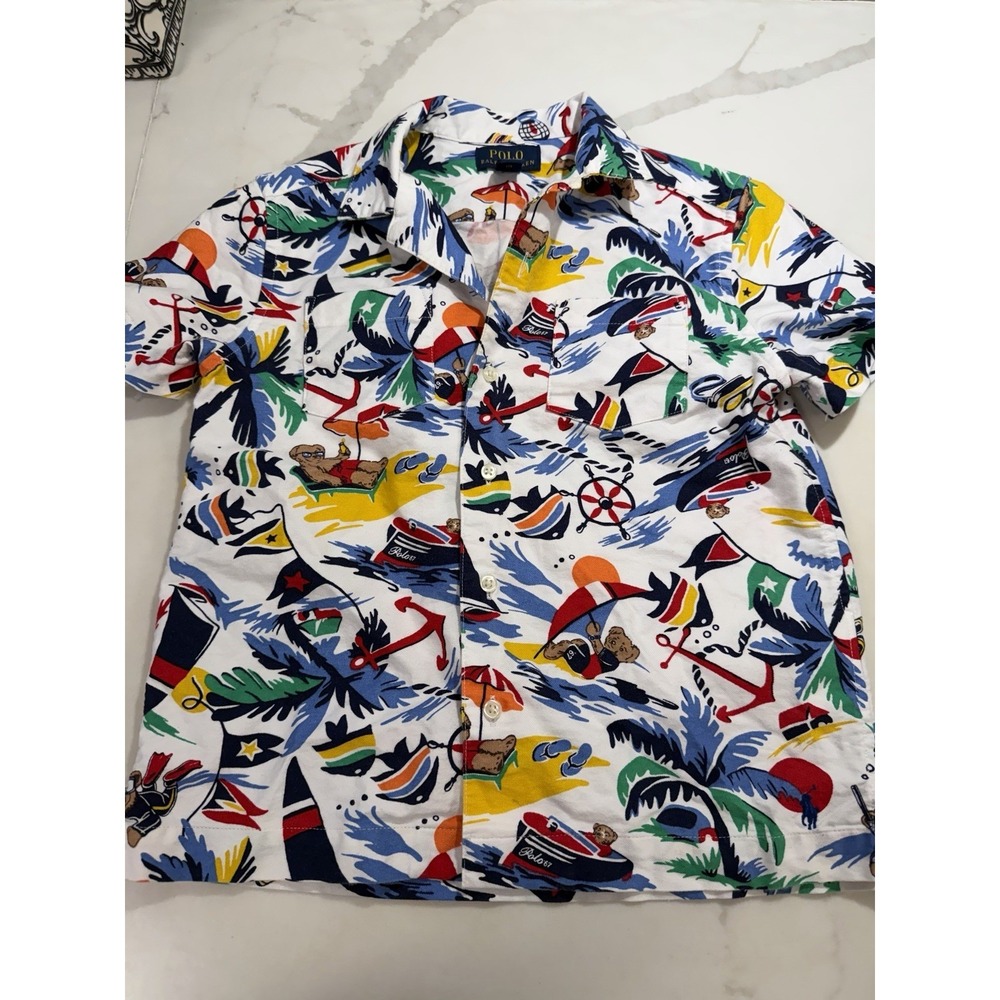 Polo Ralph Lauren Polo Bear‎ Button Up Camp Shirt Kids Sz 5 Nautical Preppy